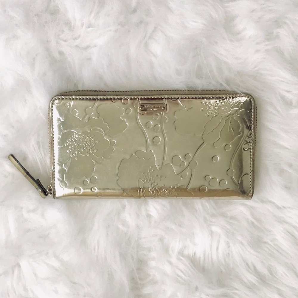 KATE SPADE Shiny Gold Leather Zip Around Wallet
